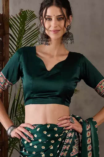 Green color Ready Pleated semi modal saree with unstitched designer blouse