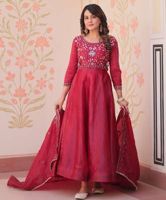 Red silk readymade anarkali suit with embroidery & beats work 3