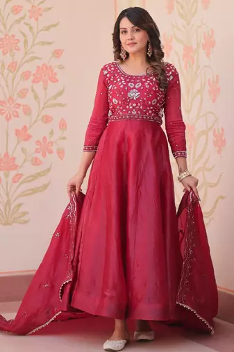 Red silk readymade anarkali suit with embroidery & beats work