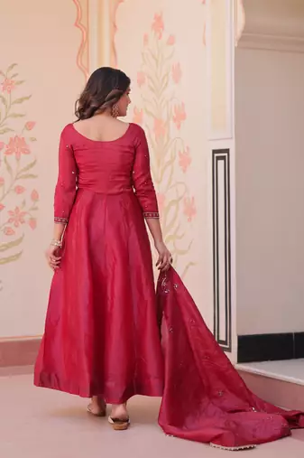 Red silk readymade anarkali suit with embroidery & beats work