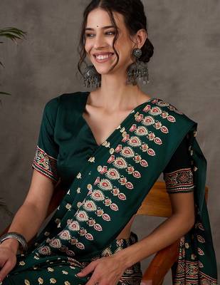 Green color Ready Pleated semi modal saree with unstitched designer blouse 5