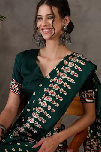 Green color Ready Pleated semi modal saree with unstitched designer blouse