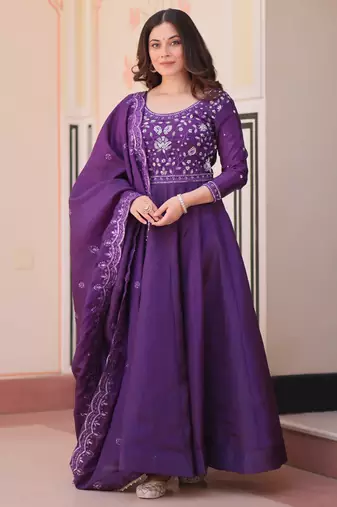 Violet silk readymade anarkali suit with embroidery & beats work