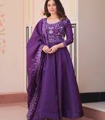 Violet silk readymade anarkali suit with embroidery & beats work