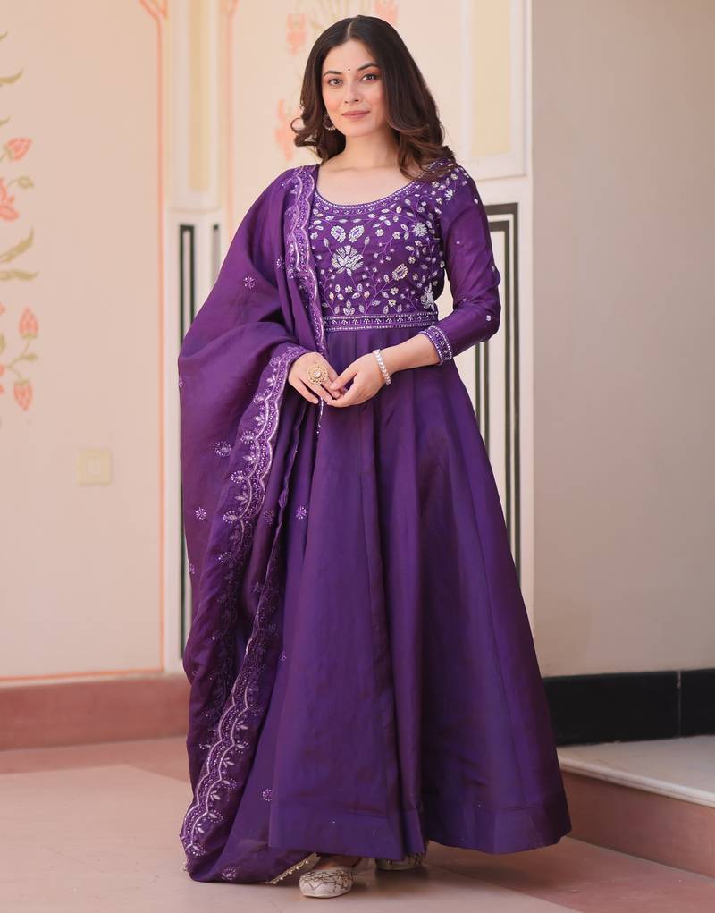 Violet silk readymade anarkali suit with embroidery & beats work