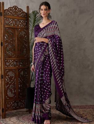 Purple color Pre Pleated semi modal saree with unstitched designer blouse 1
