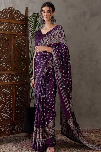 Purple color Pre Pleated semi modal saree with unstitched designer blouse