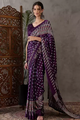 Purple color ready to wear semi modal saree with unstitched designer blouse