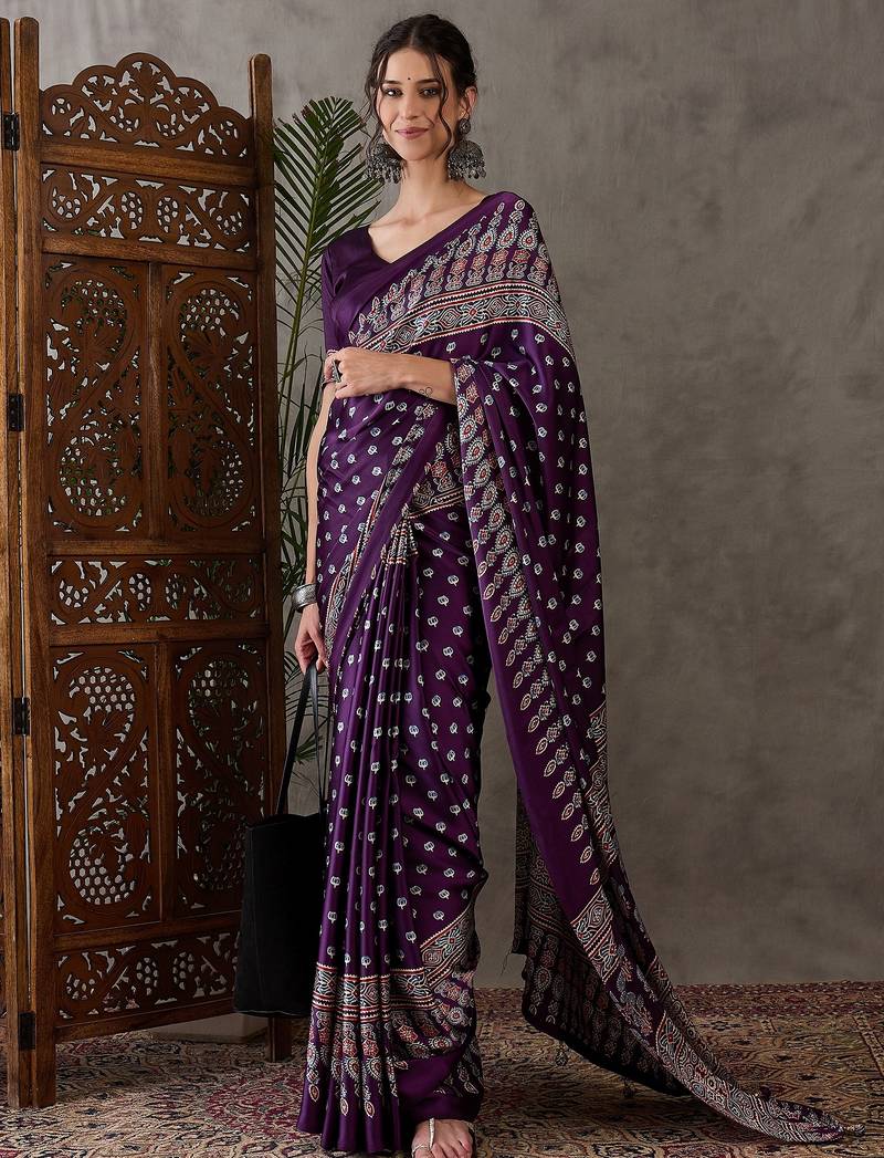 Purple color ready to wear semi modal saree with unstitched designer blouse