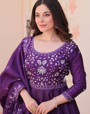 Violet silk readymade anarkali suit with embroidery & beats work 2