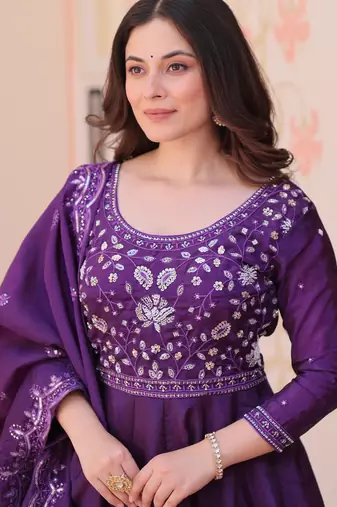 Violet silk readymade anarkali suit with embroidery & beats work