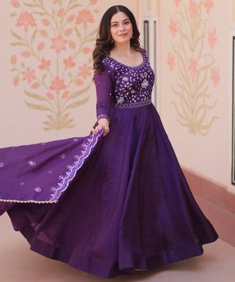 Violet silk readymade anarkali suit with embroidery & beats work 3