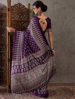Purple color Pre Pleated semi modal saree with unstitched designer blouse 2