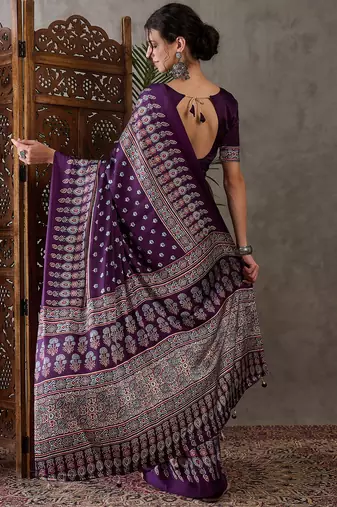 Purple color Pre Pleated semi modal saree with unstitched designer blouse