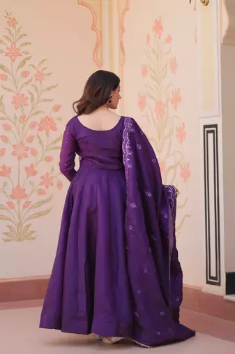 Violet silk readymade anarkali suit with embroidery & beats work
