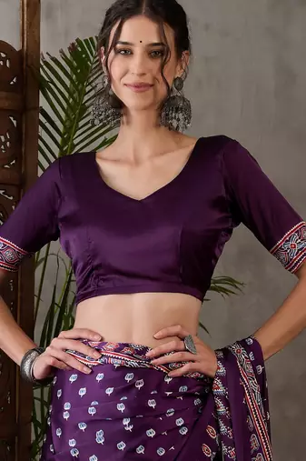 Purple color Pre Pleated semi modal saree with unstitched designer blouse