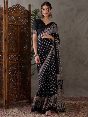 Black color Ready Pleated semi modal saree with unstitched designer blouse 1