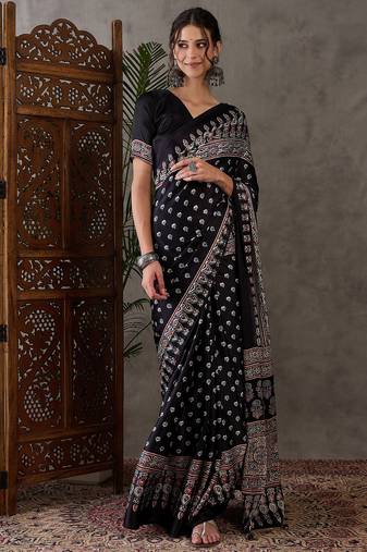 Black color ready to wear semi modal saree with unstitched designer blouse