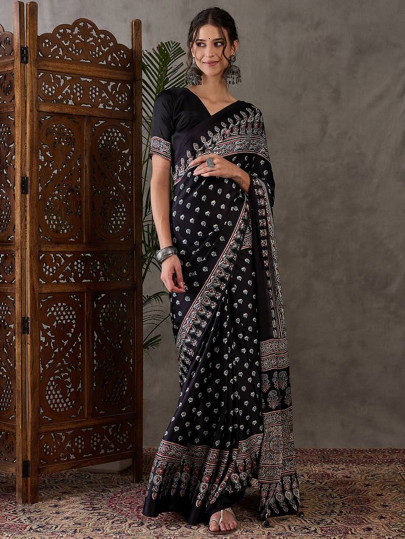 Black color ready to wear semi modal saree with unstitched designer blouse