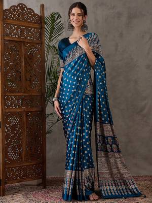 Teal color Pre Pleated semi modal saree with unstitched designer blouse 1