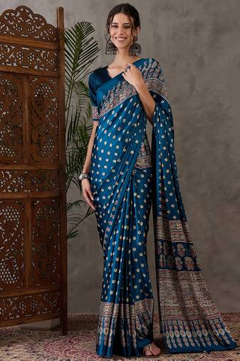 Teal color ready to wear semi modal saree with unstitched designer blouse