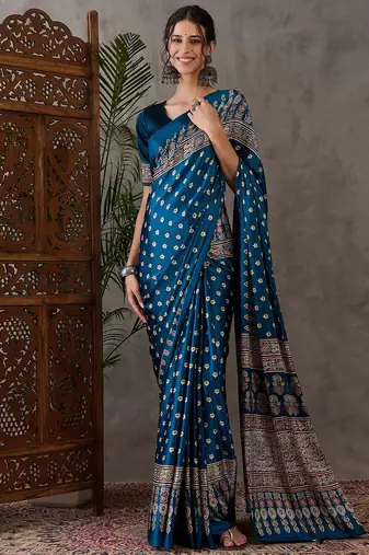 Teal color ready to wear semi modal saree with unstitched designer blouse