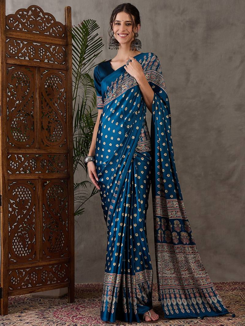 Teal color ready to wear semi modal saree with unstitched designer blouse