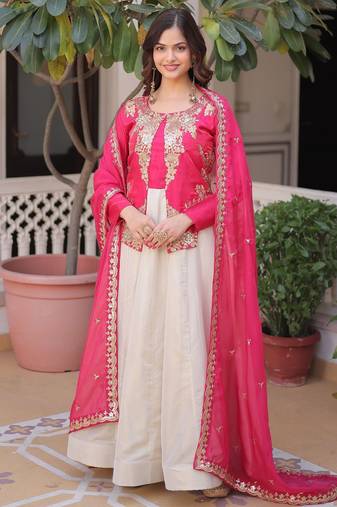 Pink silk readymade anarkali suit with embroidery & sequence work