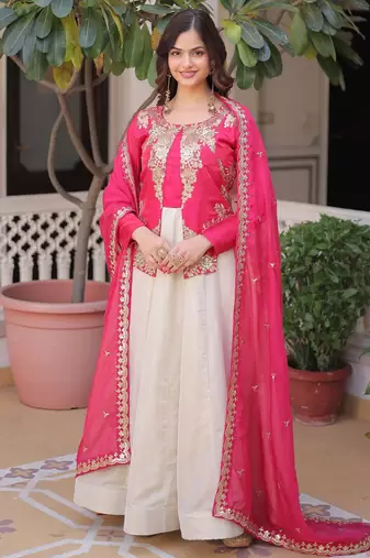 Pink silk readymade anarkali suit with embroidery & sequence work