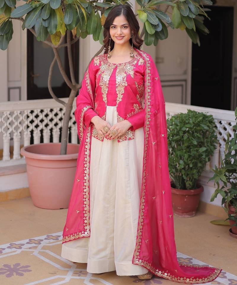 Pink silk readymade anarkali suit with embroidery & sequence work