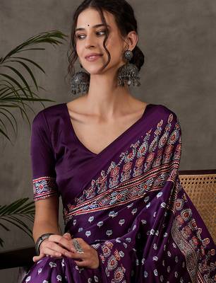 Purple color Pre Pleated semi modal saree with unstitched designer blouse 4