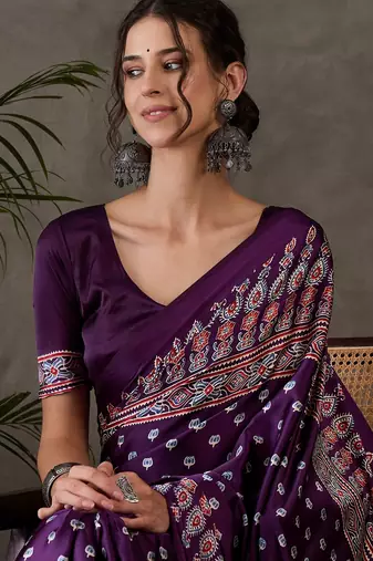 Purple color Pre Pleated semi modal saree with unstitched designer blouse