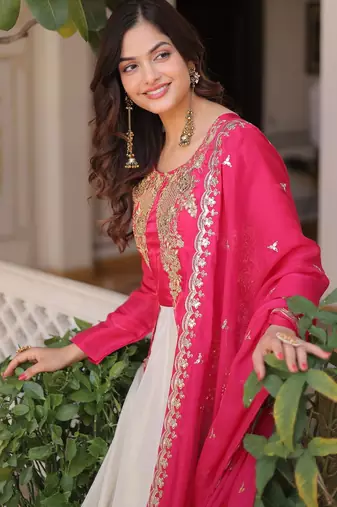 Pink silk readymade anarkali suit with embroidery & sequence work