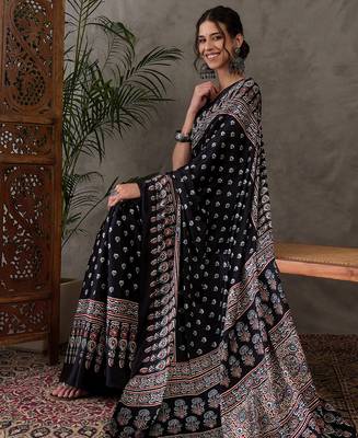 Black color Ready Pleated semi modal saree with unstitched designer blouse 3