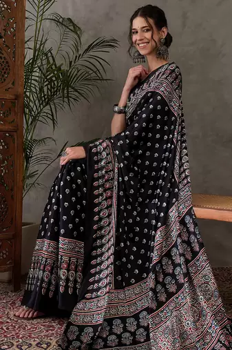 Black color Ready Pleated semi modal saree with unstitched designer blouse