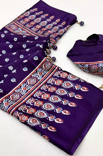 Purple color Pre Pleated semi modal saree with unstitched designer blouse