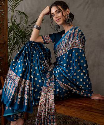 Teal color Pre Pleated semi modal saree with unstitched designer blouse 3