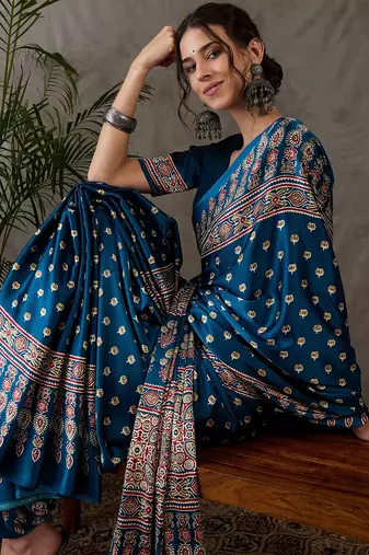 Teal color Pre Pleated semi modal saree with unstitched designer blouse