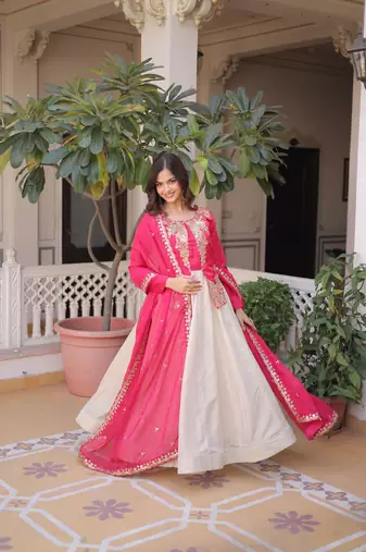 Pink silk readymade anarkali suit with embroidery & sequence work