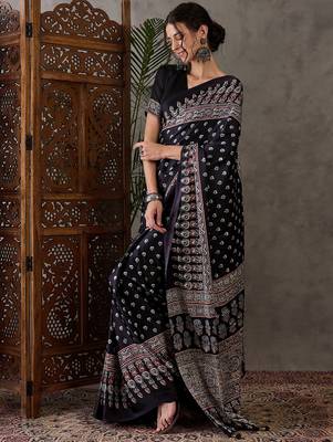 Black color Ready Pleated semi modal saree with unstitched designer blouse 4
