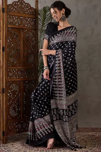Black color Ready Pleated semi modal saree with unstitched designer blouse