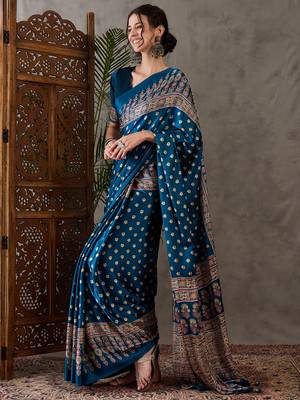 Teal color Pre Pleated semi modal saree with unstitched designer blouse 4