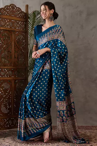 Teal color Pre Pleated semi modal saree with unstitched designer blouse