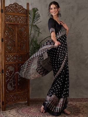Black color Ready Pleated semi modal saree with unstitched designer blouse 5