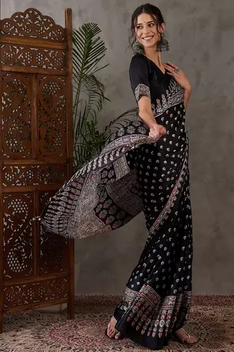 Black color Ready Pleated semi modal saree with unstitched designer blouse