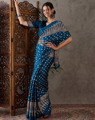 Teal color Pre Pleated semi modal saree with unstitched designer blouse 5