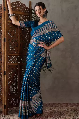 Teal color Pre Pleated semi modal saree with unstitched designer blouse