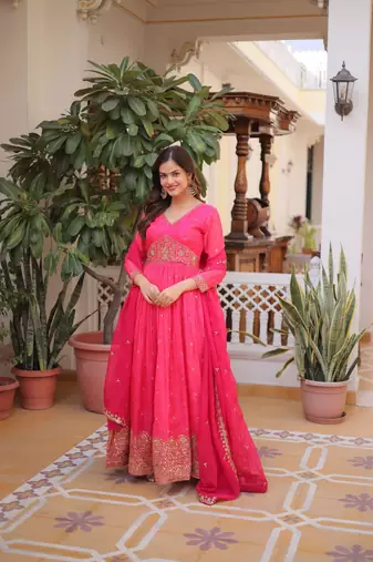 Pink silk readymade anarkali suit with embroidery & zari work