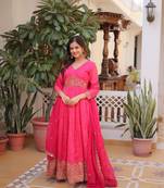 Pink silk readymade anarkali suit with embroidery & zari work