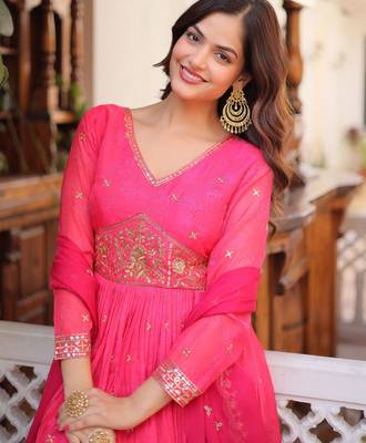 Pink silk readymade anarkali suit with embroidery & zari work 2